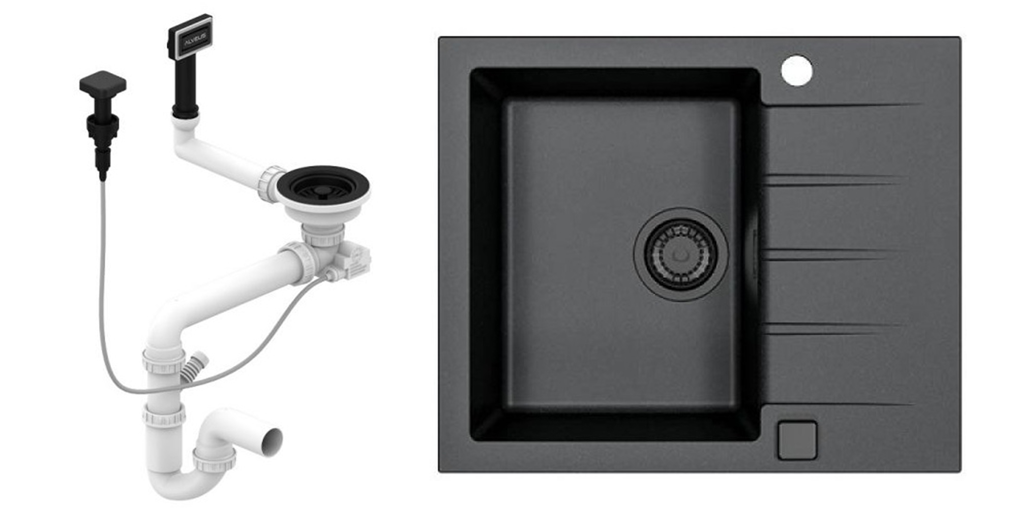 Detail čierneho granitového drezu Alveus Cadit z kolekcie Black Edition